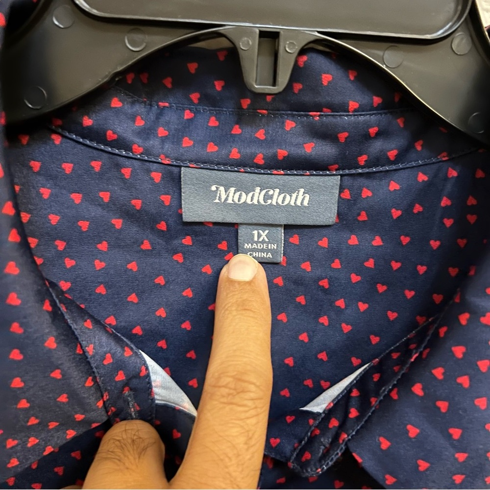 ModCloth Navy Button-Down Shirt with Red Heart Print
